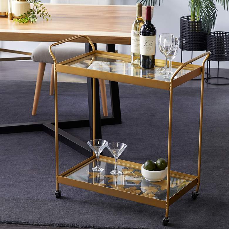 Image 1 Marlowe 28 1/4 inchW Polished Gold 2-Shelf Bar Cart with Handles