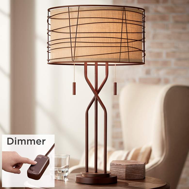 Image 1 Marlowe Bronze Woven Metal Table Lamp with Table Top Dimmer