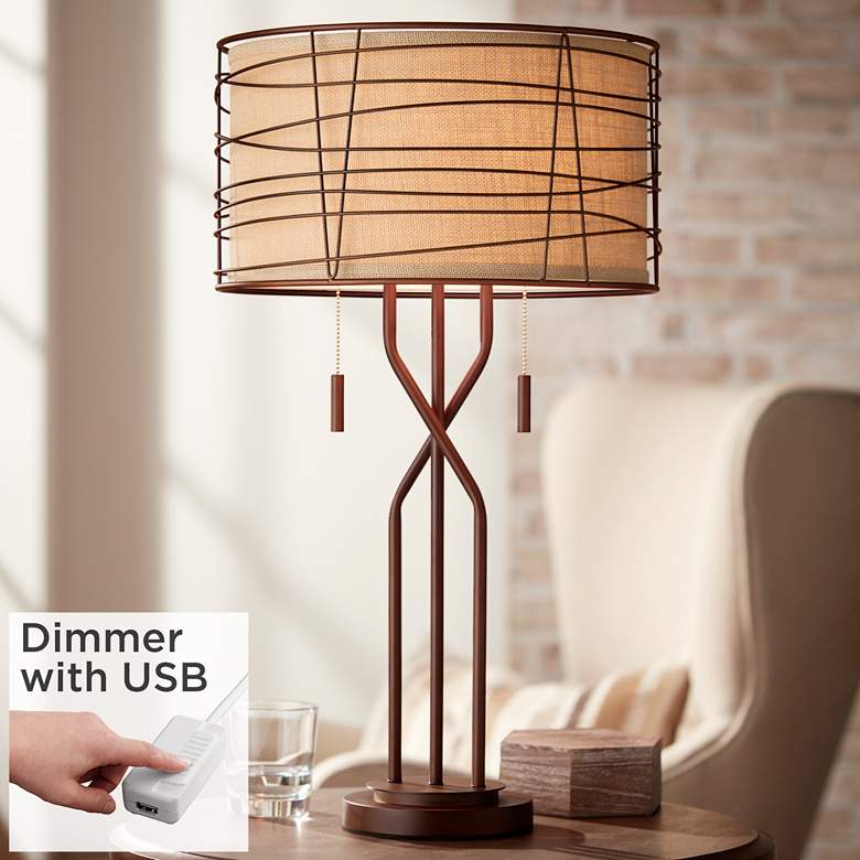 Image 1 Marlowe Bronze Woven Metal Table Lamp With USB Dimmer