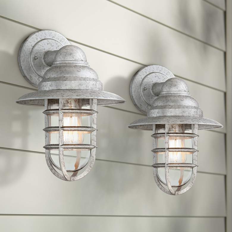 Image 2 Marlowe Galvanized Hooded Cage Outdoor Wall Lights Set of 2