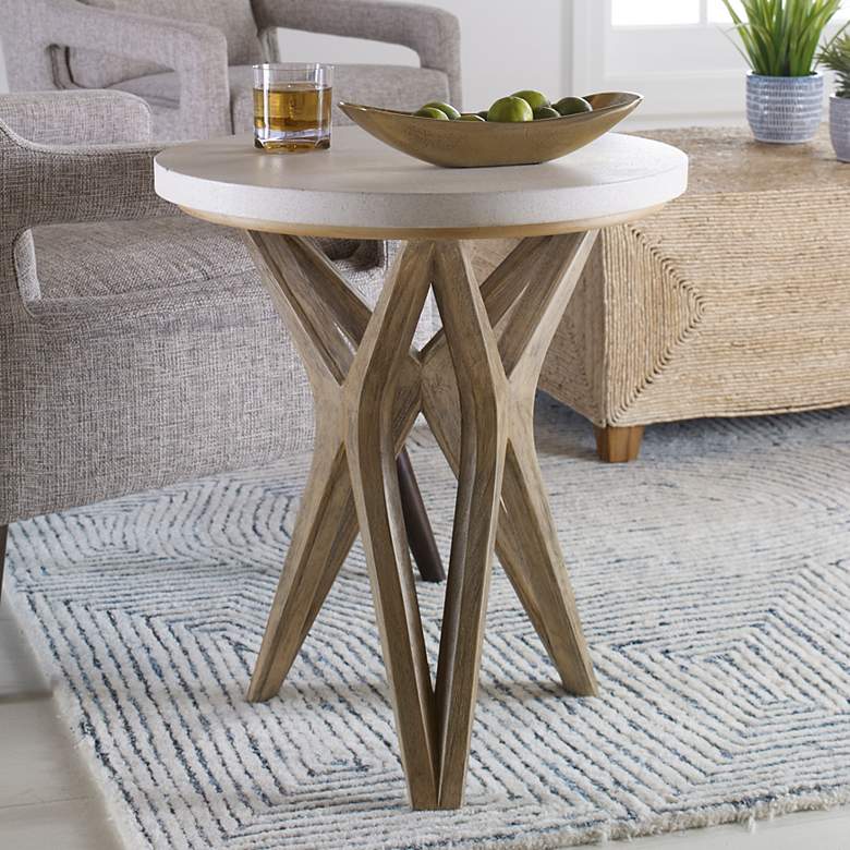 Image 1 Marnie 22"W Ivory Limestone Oatmeal Wood Round Side Table