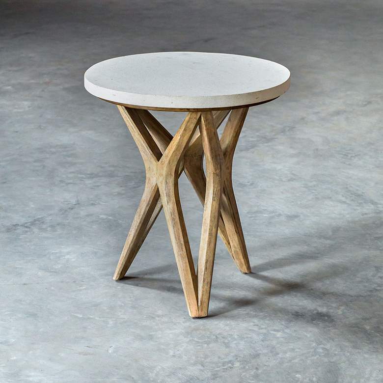 Image 4 Marnie 22"W Ivory Limestone Oatmeal Wood Round Side Table more views