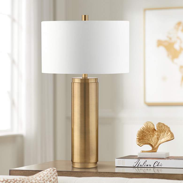 Image 1 Marshall Antique Brass Metal Cylinder Table Lamp