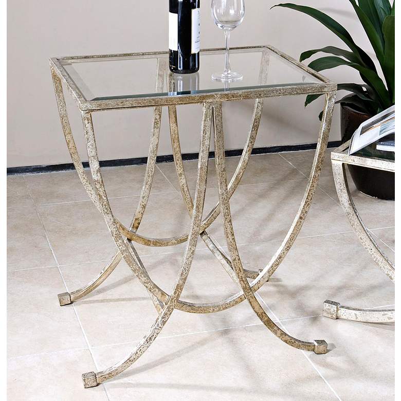 Marta 24&quot; Wide Antiqued Silver Leaf Iron Side Table
