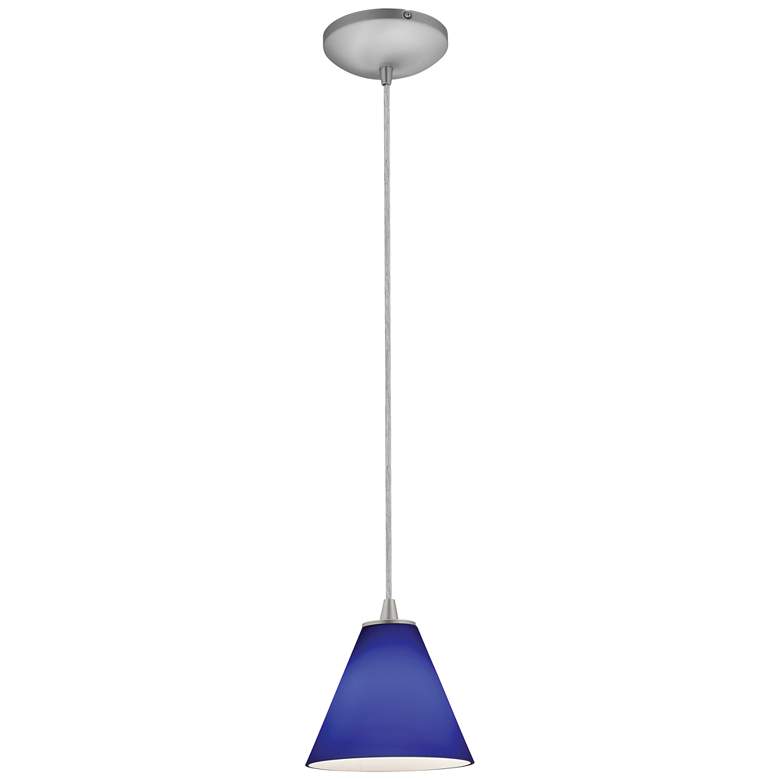Image 1 Martini 7.25 inch Wide Brushed Steel Cord Hung Pendant w/ Cobalt Glass Sha