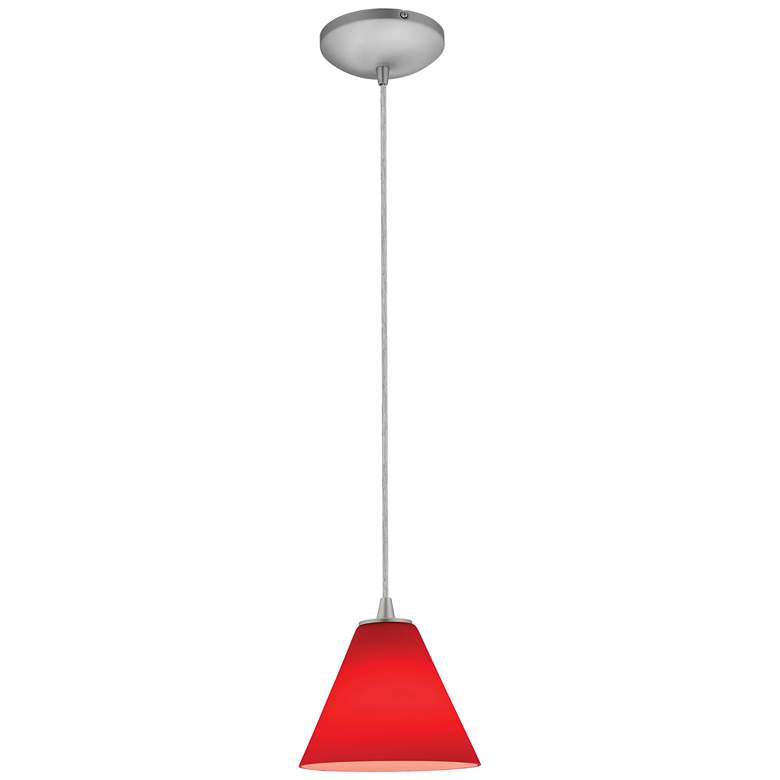 Image 1 Martini 7.25" Wide Brushed Steel Cord Hung Pendant w/ Red Glass Shade