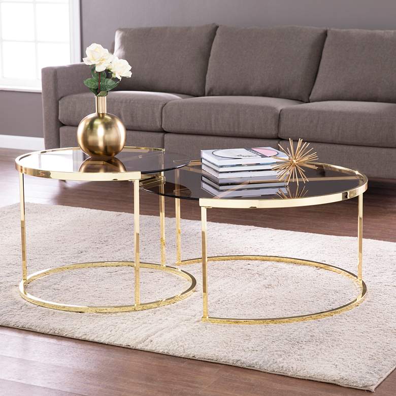 Image 1 Martley Brass Smoked Glass Nesting Cocktail Tables Set of 2