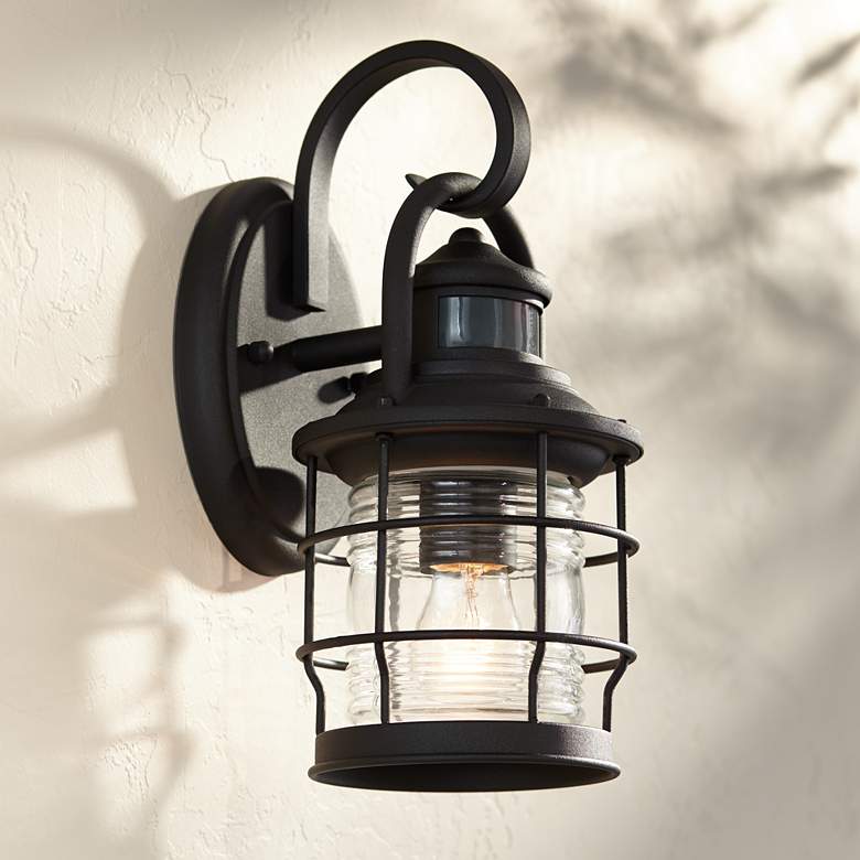 Image 1 Maryland 12" High Black Caged Motion Sensor Outdoor Wall Light