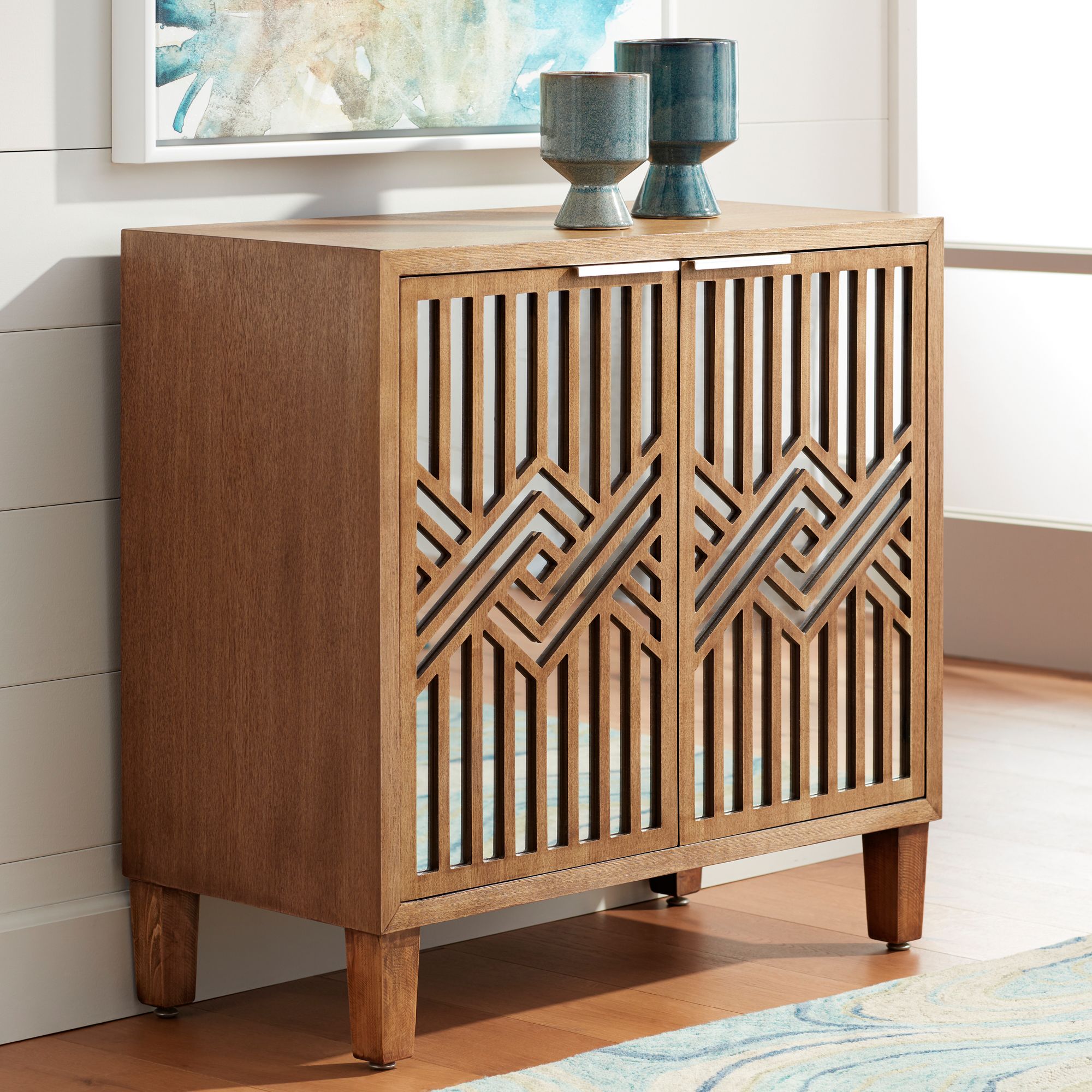 Mason 33 3/4 Wide Oak Wood and Mirrored 2-Door Cabinet