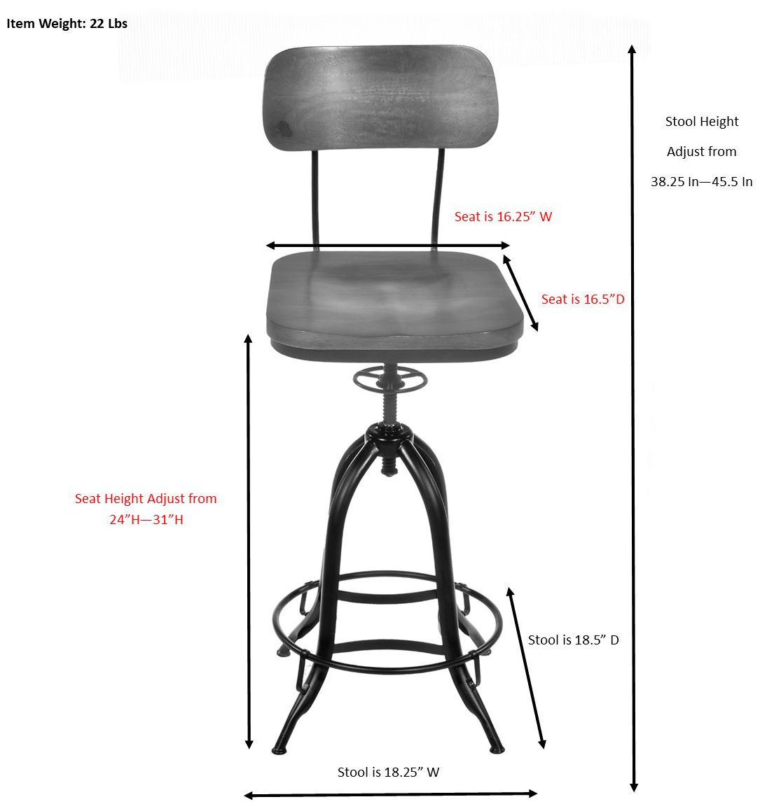 Mason Aged Iron Base Natural Driftwood Seat Adjustable Barstool
