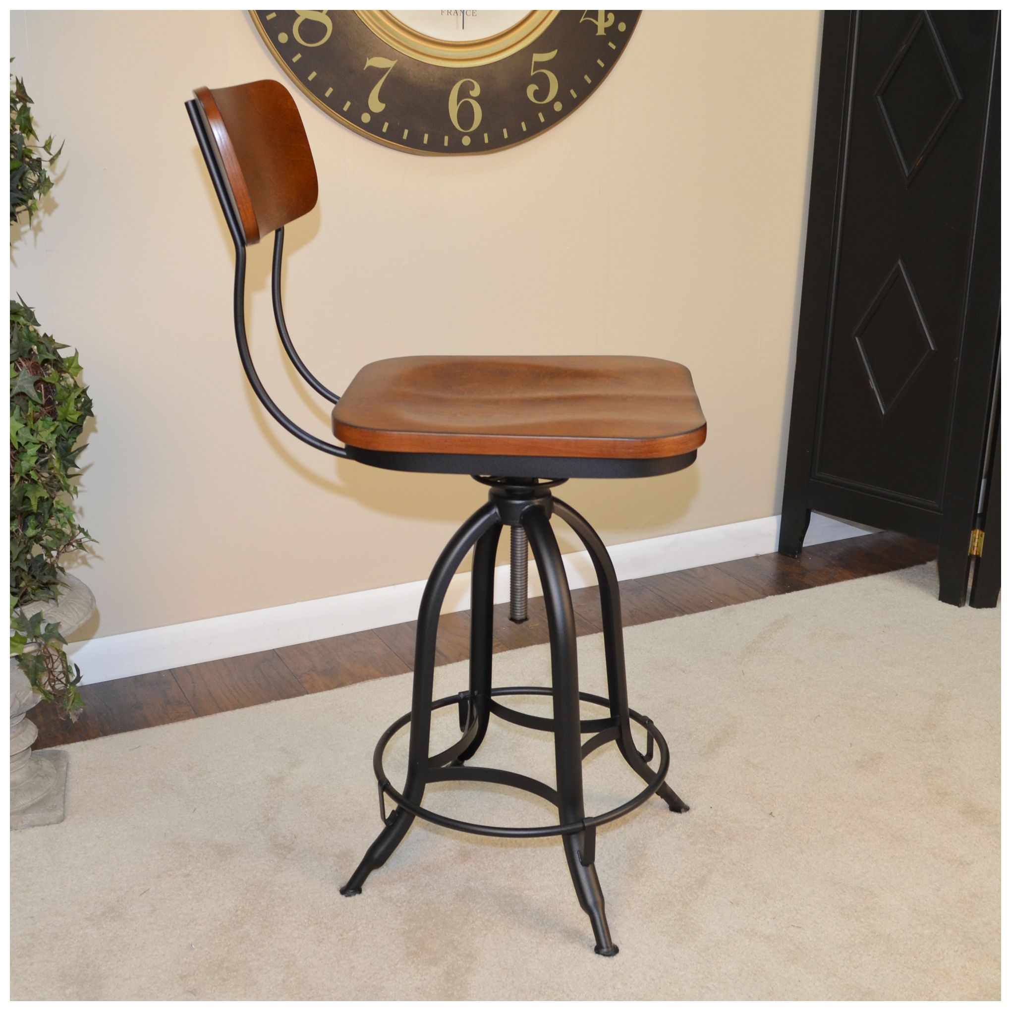 Mason Black and Chestnut Wood Adjustable Swivel Bar Stool
