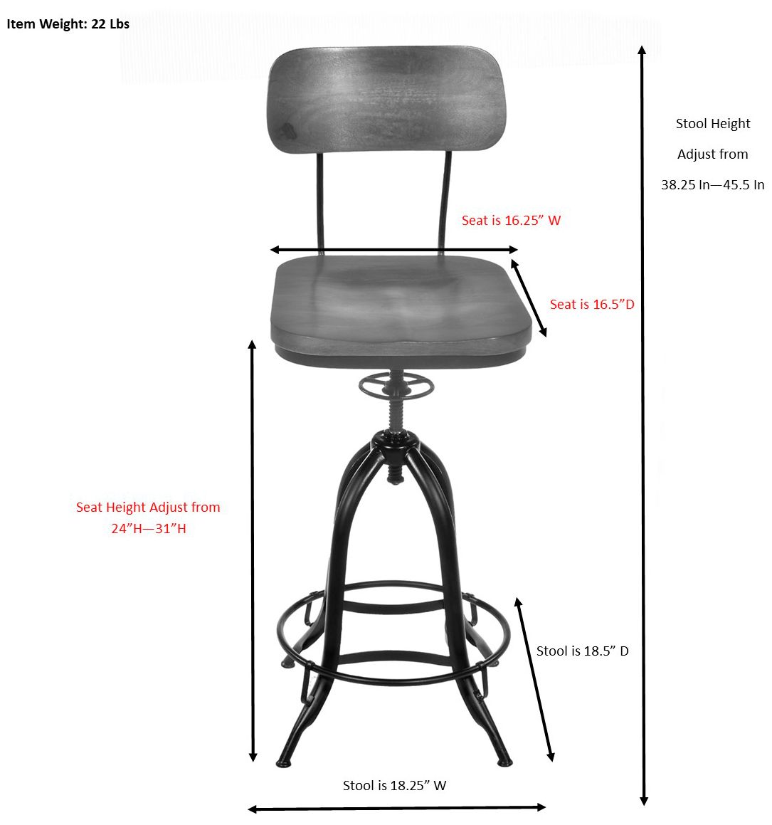 Mason Black and Chestnut Wood Adjustable Swivel Bar Stool