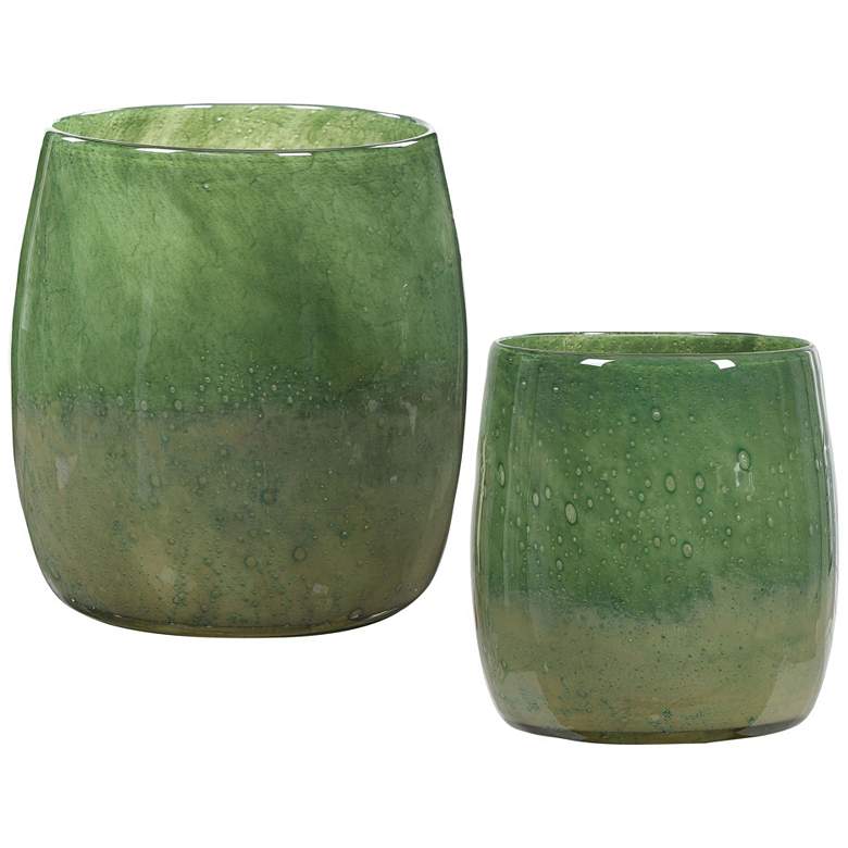 Image 2 Matcha 9 inch High Sage and Moss Green Art Glass Vases Set of 2