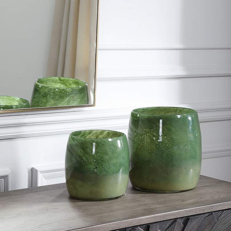 Image 1 Matcha 9" High Sage and Moss Green Art Glass Vases Set of 2