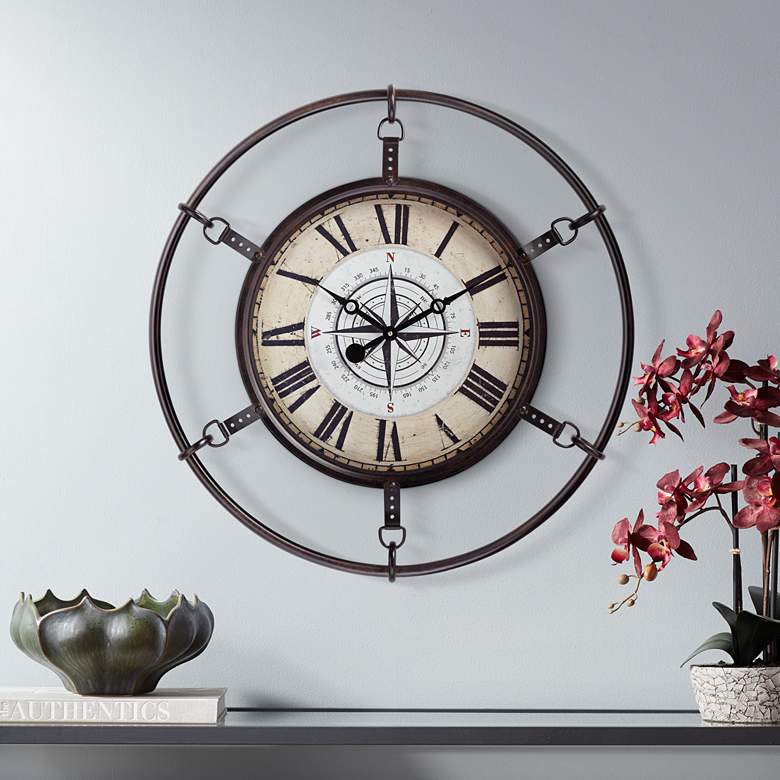 Image 1 Matte Deep Red 25 1/4" Round Hand-Made Compass Wall Clock