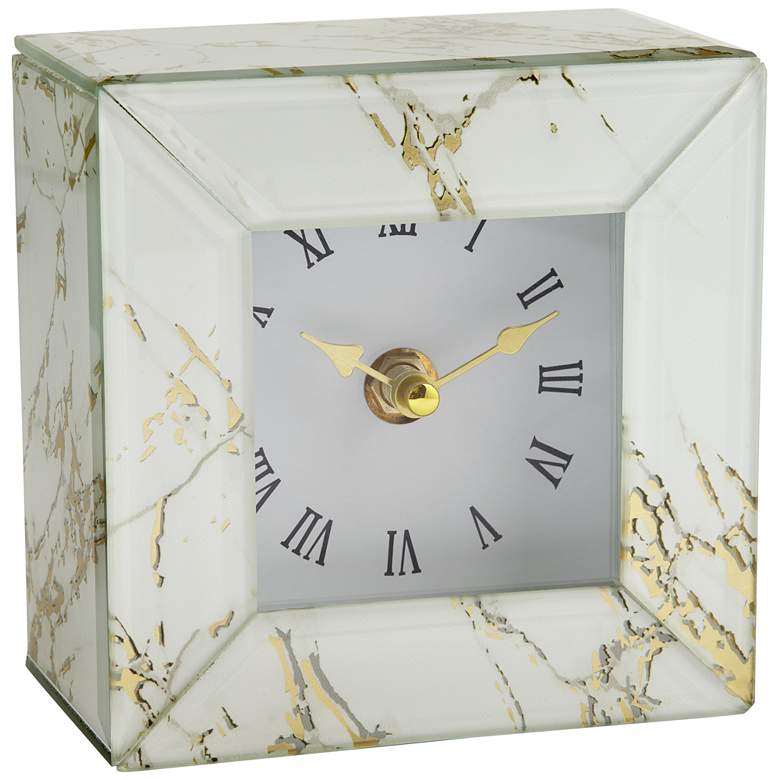 Image 1 Matte White Marble and Glass 4 3/4" Square Table Clock