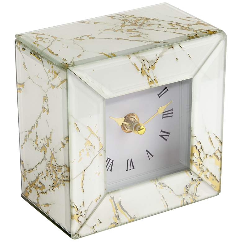 Image 4 Matte White Marble and Glass 4 3/4 inch Square Table Clock more views