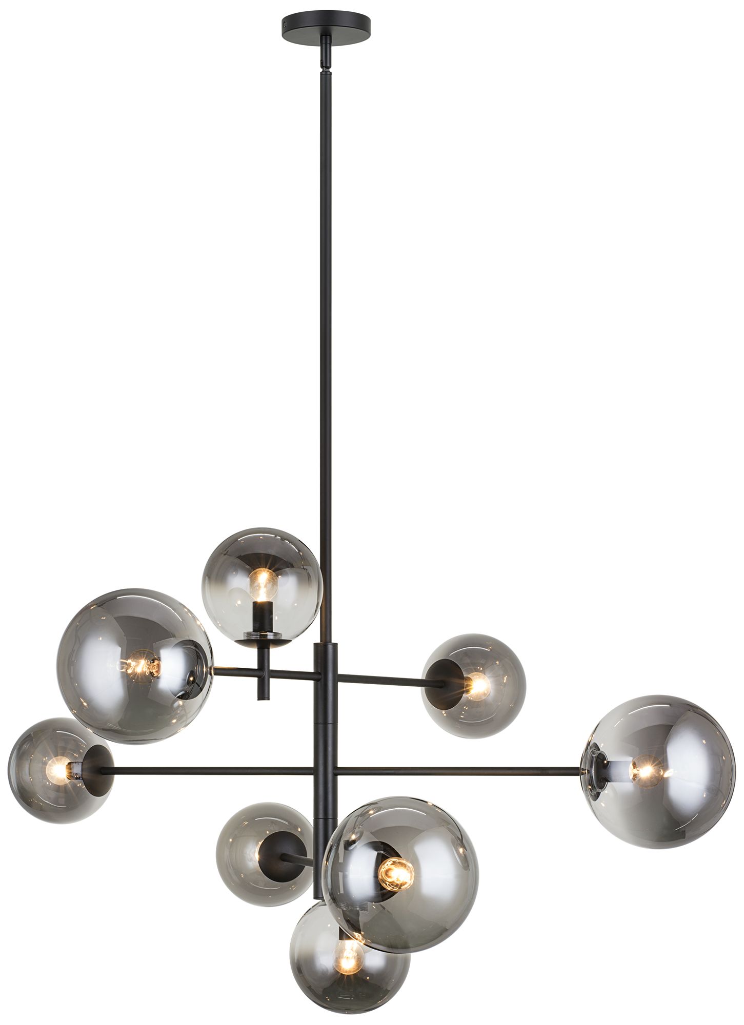 Matteo 8LT 3 TIER AVERLEY BK PENDANT-1/2 CLEAR & 1/2 SMOKE GLASS