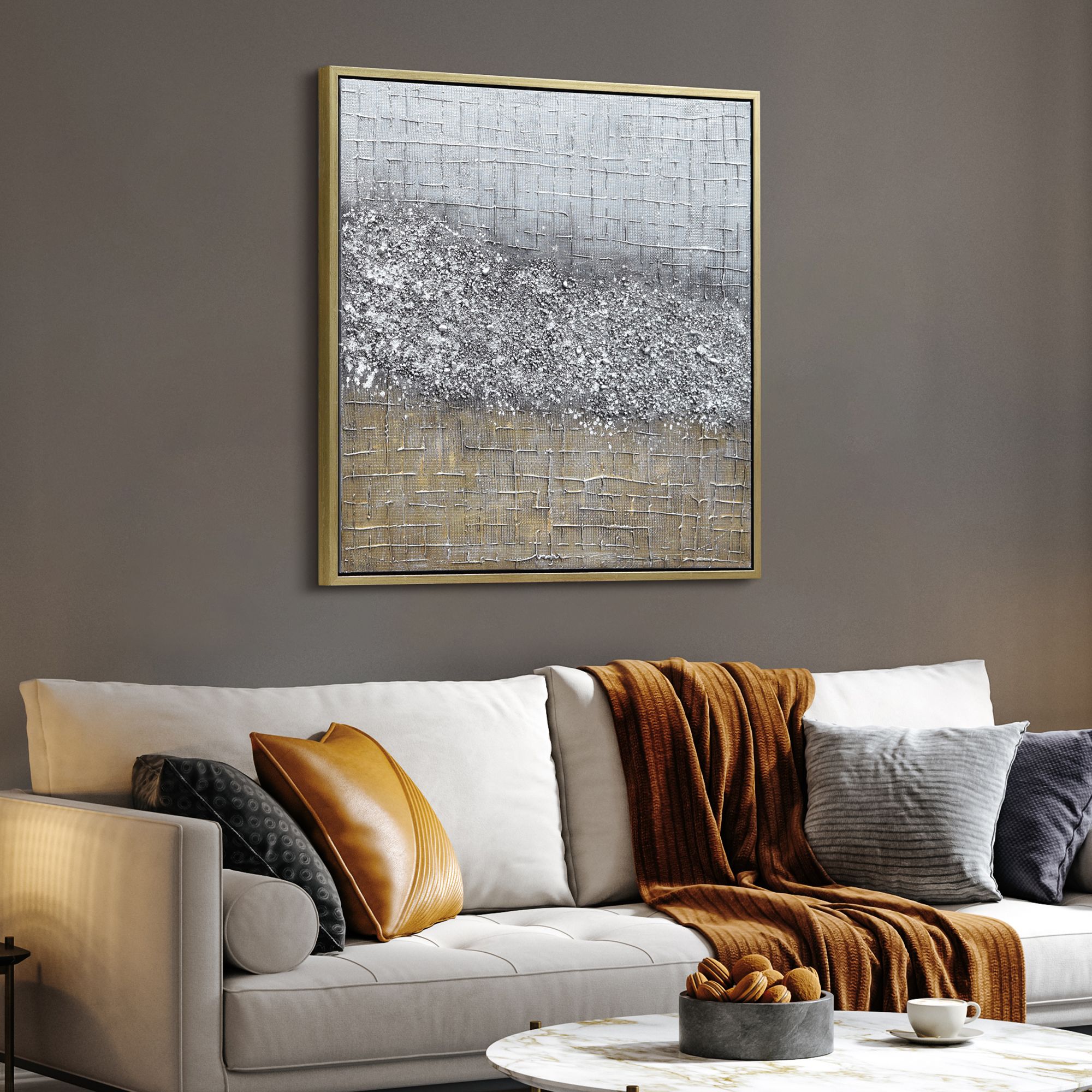 Matter 36" Square Textured Metallic Framed Canvas Wall Art in scene