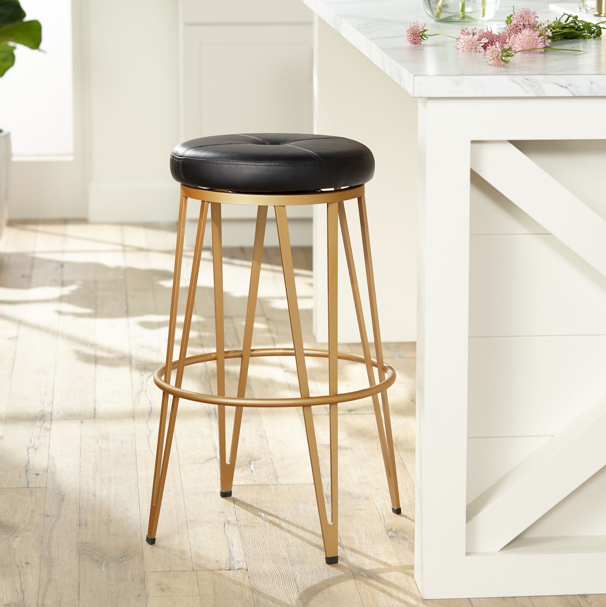 Matthews 30 Onyx Black and Brass Modern Luxe Swivel Bar Stool