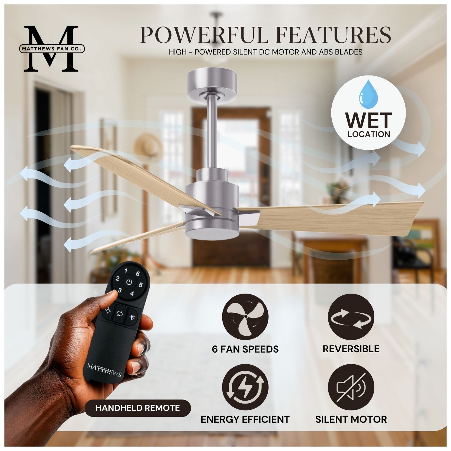 Matthews Alessandra 42" Brushed Nickel Ceiling Fan, Light Maple Tone Blades