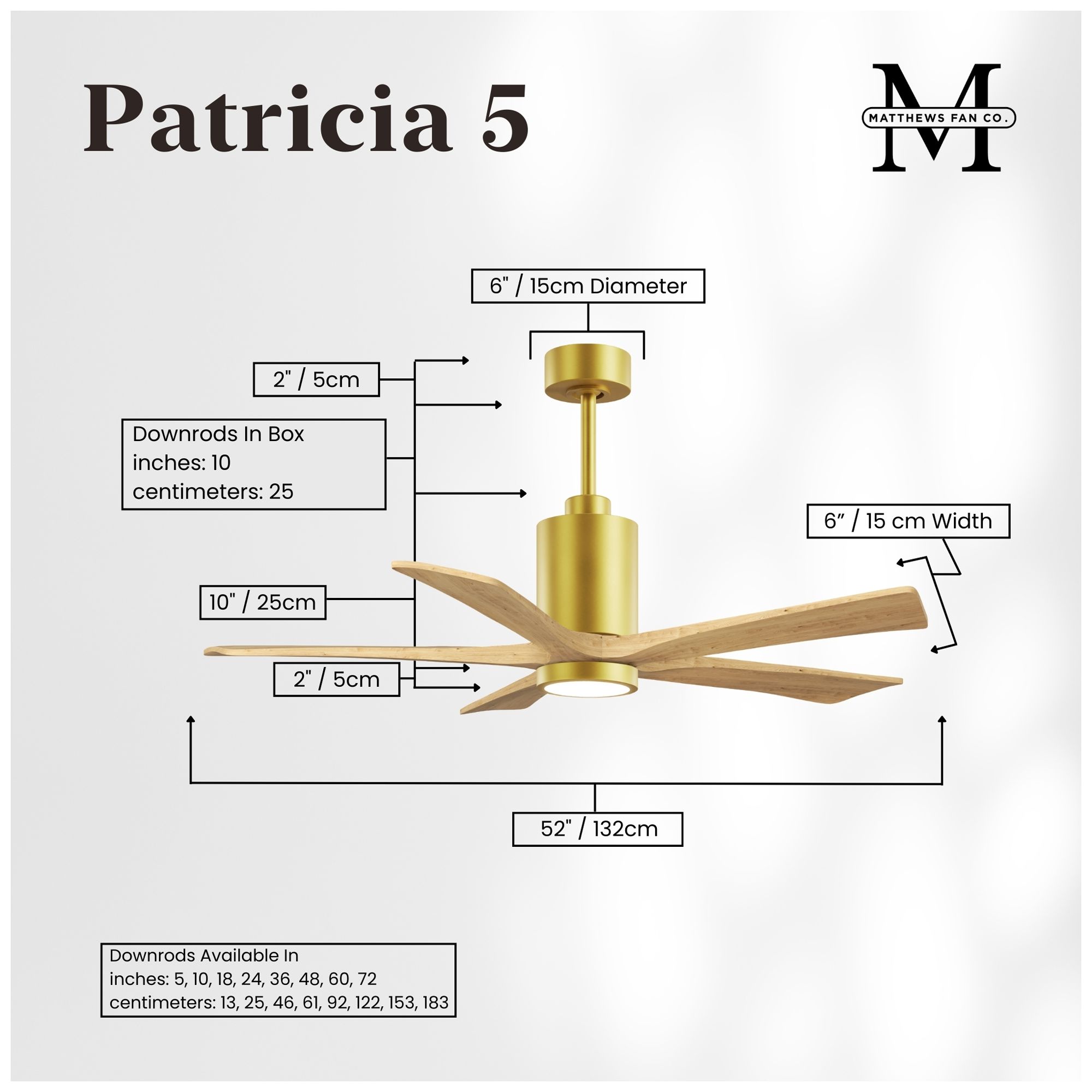 Image 6 Matthews Patricia-5 52" Brushed Brass Ceiling Fan, Light Maple Tone Blades more views