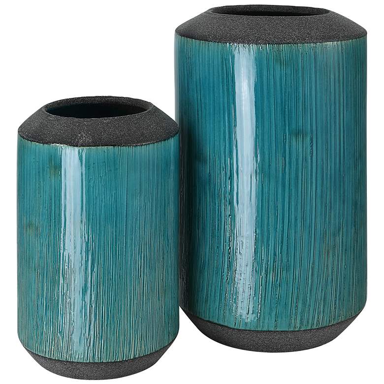 Image 1 Maui 11" High Aqua Blue Glaze and Bronze Vases Set of 2