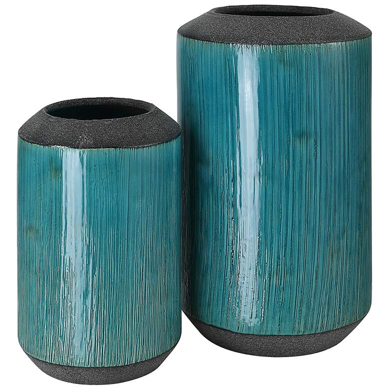 Image 2 Maui 11" High Aqua Blue Glaze and Bronze Vases Set of 2