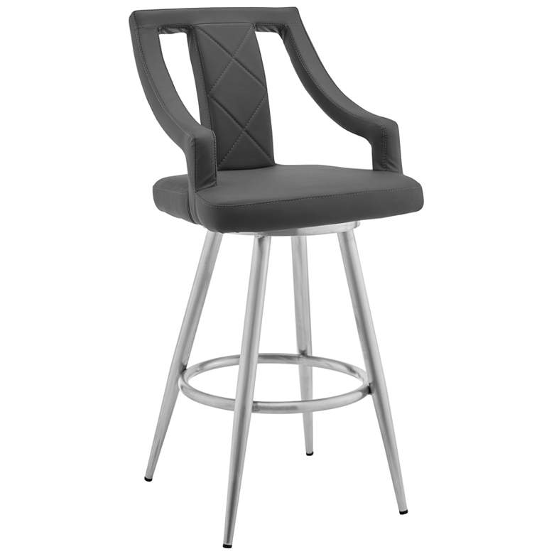 Image 1 Maxen 25 in. Swivel Barstool in Stainless Steel, Gray Faux Leather