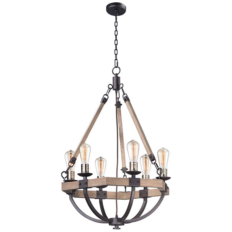 Image 2 Maxim Lodge 24" Weathered Oak and Bronze Rustic 6-Light Chandelier
