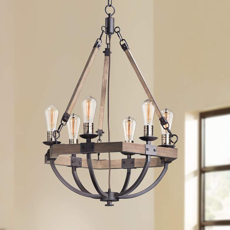 Image 1 Maxim Lodge 24 inch Weathered Oak and Bronze Rustic 6-Light Chandelier