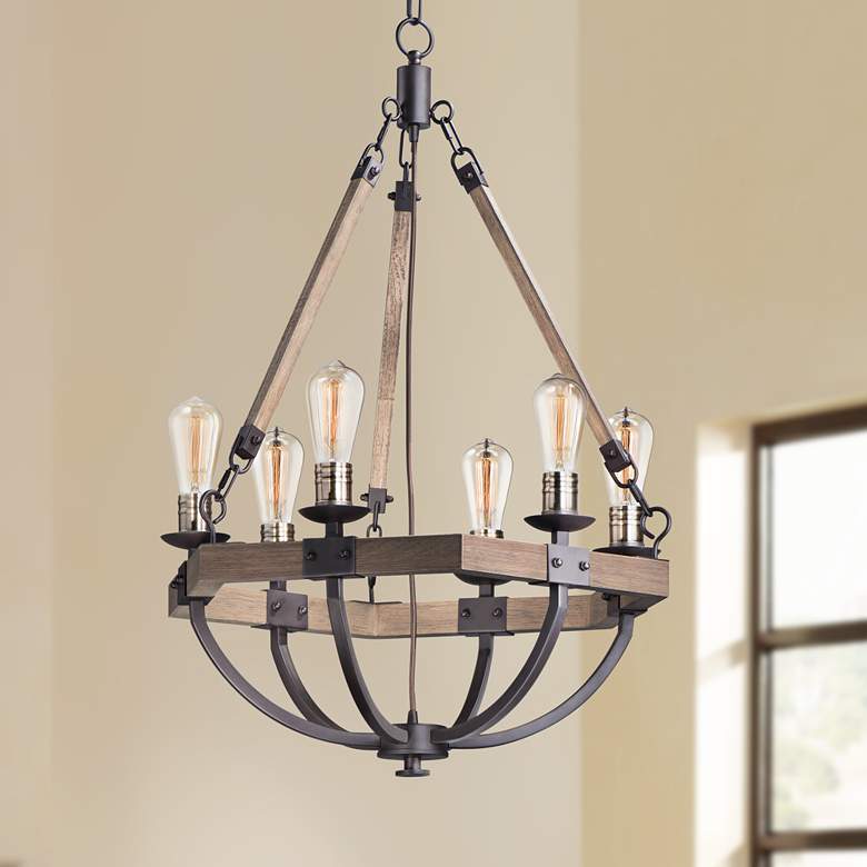 Image 1 Maxim Lodge 24" Weathered Oak and Bronze Rustic 6-Light Chandelier