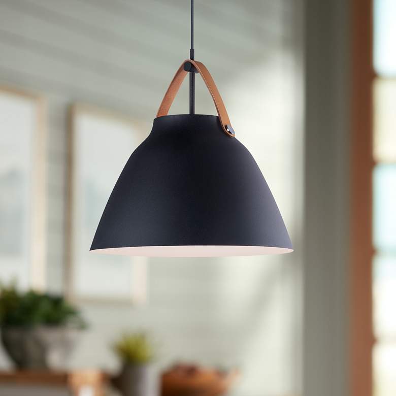 Image 1 Maxim Nordic 14.25" Wide Tan Leather and Black Modern Pendant Light