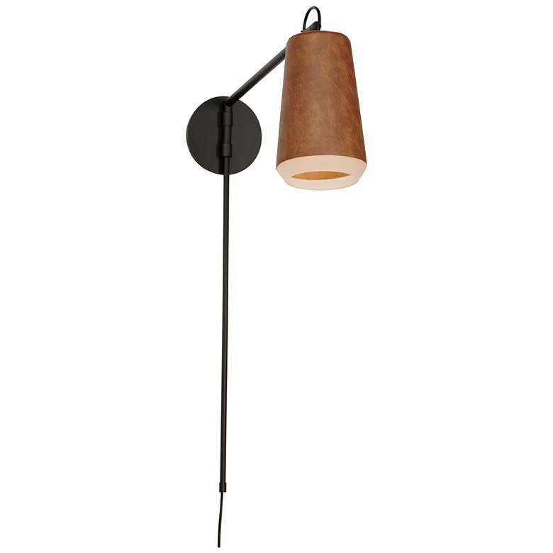 Image 1 Maxim Scout 32.3 inch Wood and Leather Plug-In Swing Arm LED Wall Light