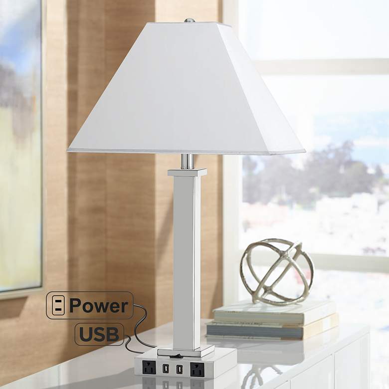 Image 1 Maxim Single Light Brushed Steel USB Nightstand Table Lamp