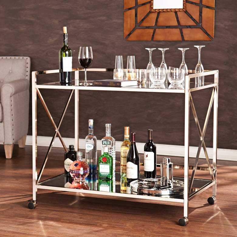 Image 1 Maxton 38 3/4 inch Wide Metallic Gold Rolling Bar Cart