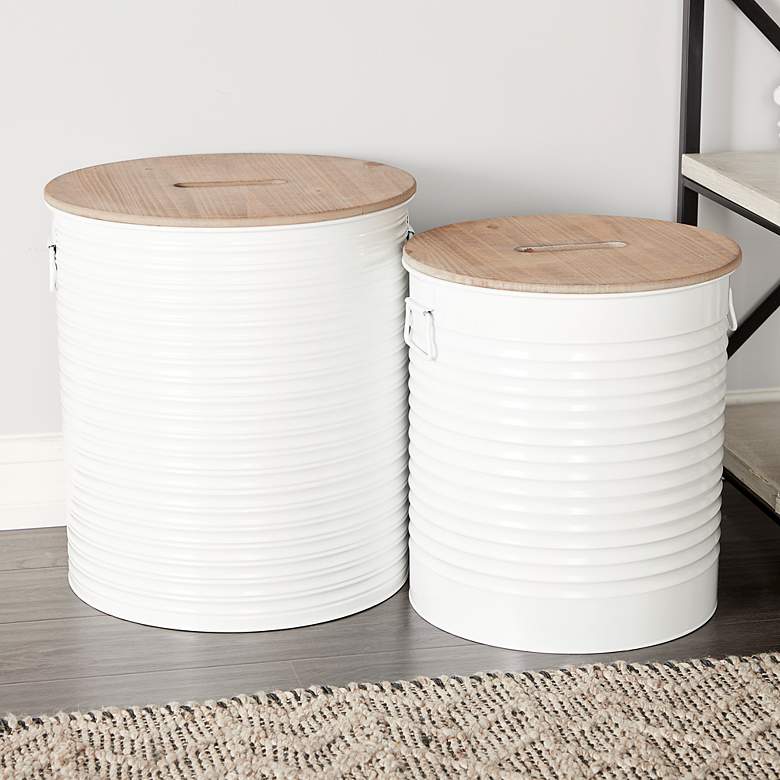 Image 1 Maxx White Metal Brown Wood Top Round Storage Stool Set of 2