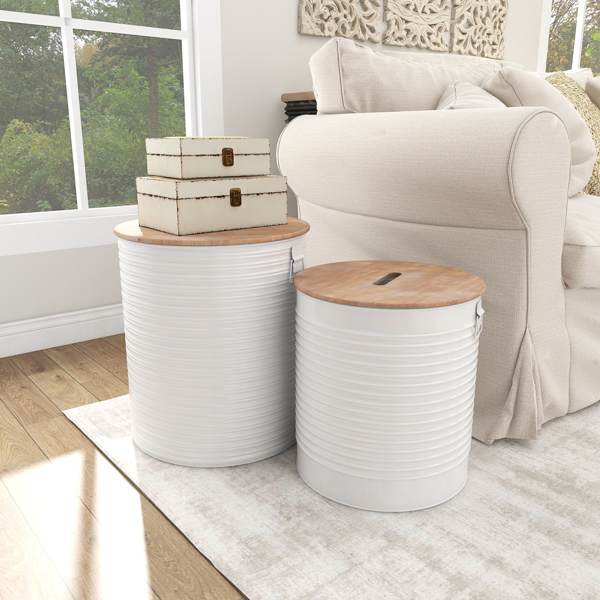 Image 6 Maxx White Metal Brown Wood Top Round Storage Stool Set of 2 more views