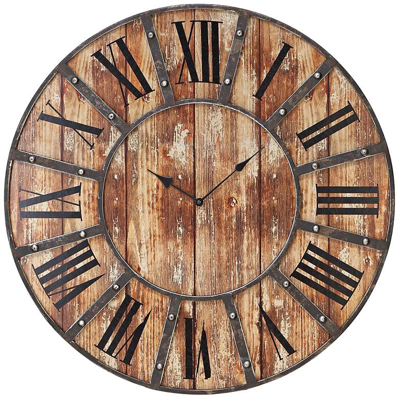 Image 1 McArthur Distressed Wood and Metal 24" Round Wall Clock