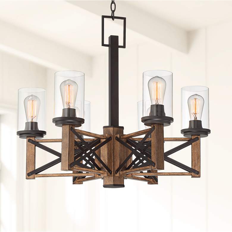 Image 1 McBride 27 1/2" Wide Bronze and Wood 6-Light Chandelier