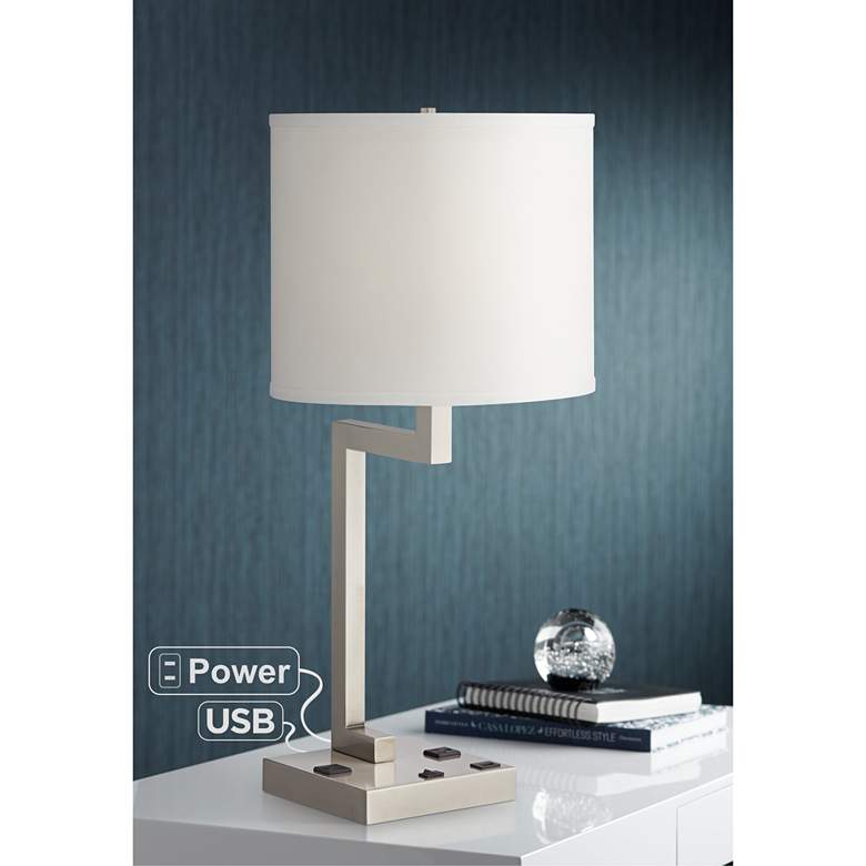 Image 1 Medio Tube Brushed Nickel Table Lamp w/ USB Port and Outlets