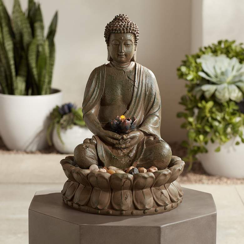 Image 1 Meditating Buddha Antique Bronze 18.5 inchH LED Lighted Fountain