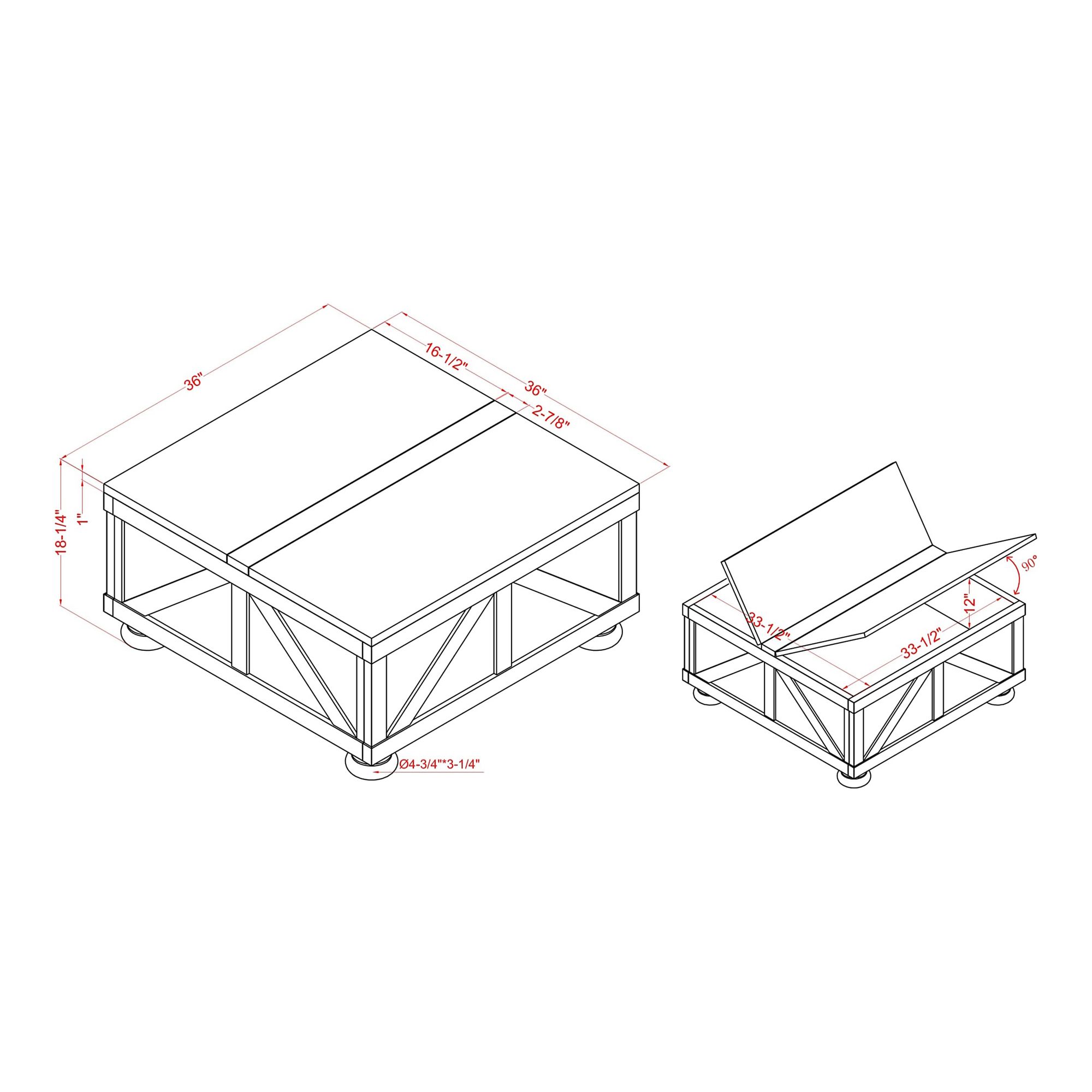 Medrum 36" Square Antique Black Coffee Table with Storage