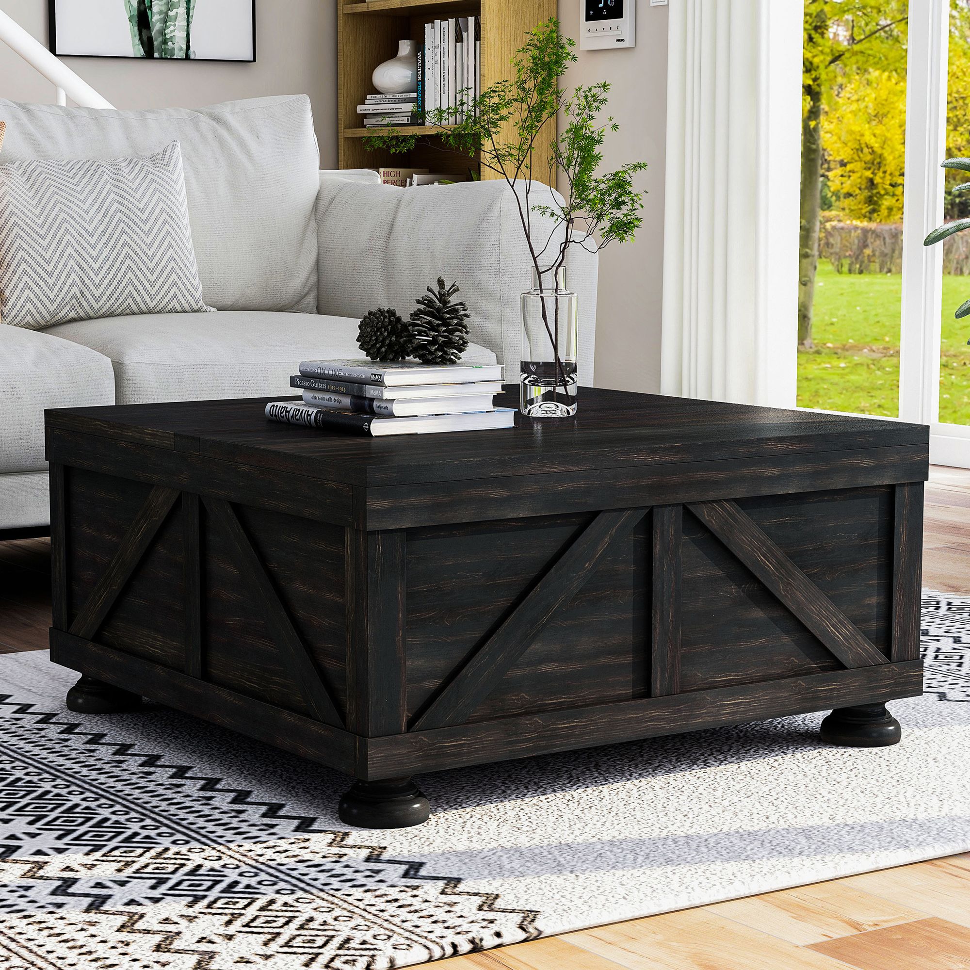 Medrum 36 Square Antique Black Coffee Table with Storage 9294F Lamps Plus