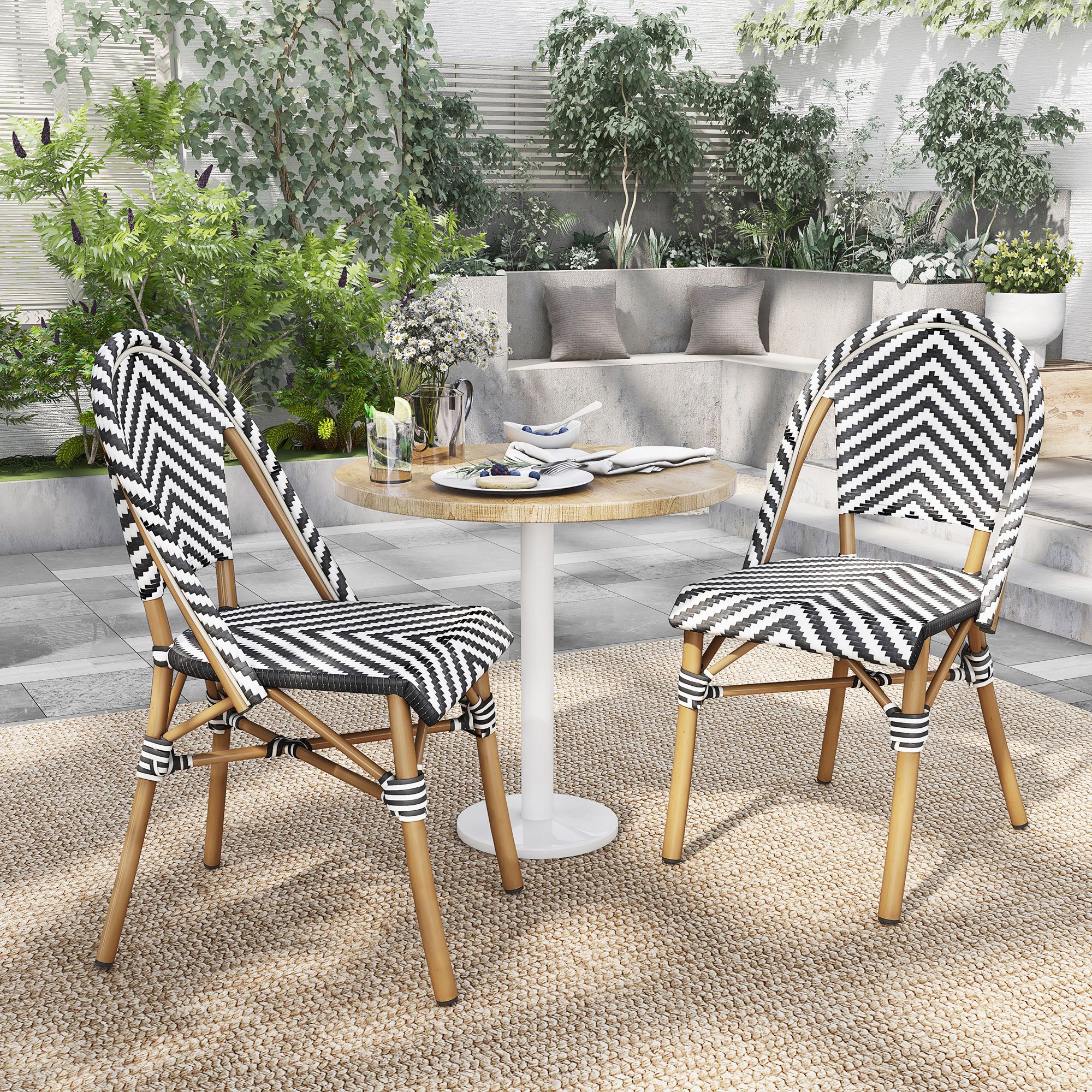 Meduza Black White Wicker Patio Dining Chairs Set of 2