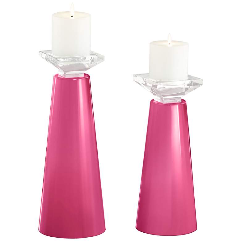 Image 2 Meghan Blossom Pink Glass Pillar Candle Holder Set of 2