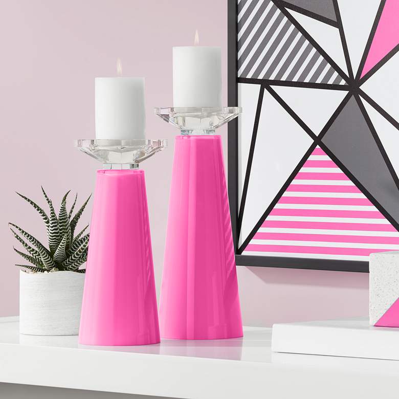 Image 1 Meghan Blossom Pink Glass Pillar Candle Holder Set of 2