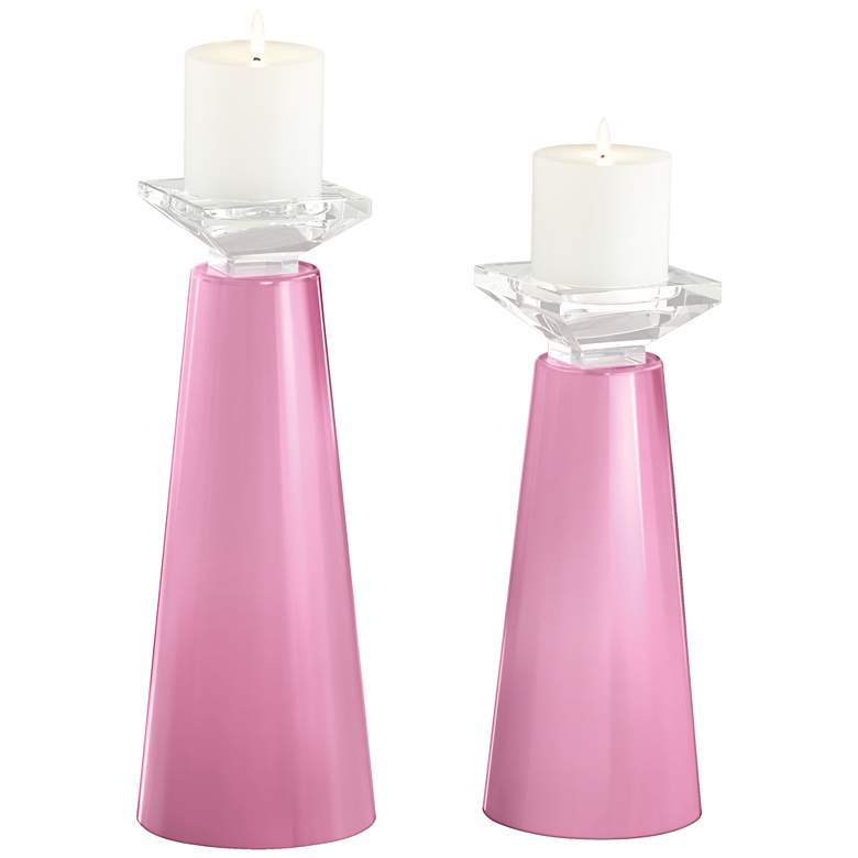Image 2 Meghan Candy Pink Glass Pillar Candle Holder Set of 2