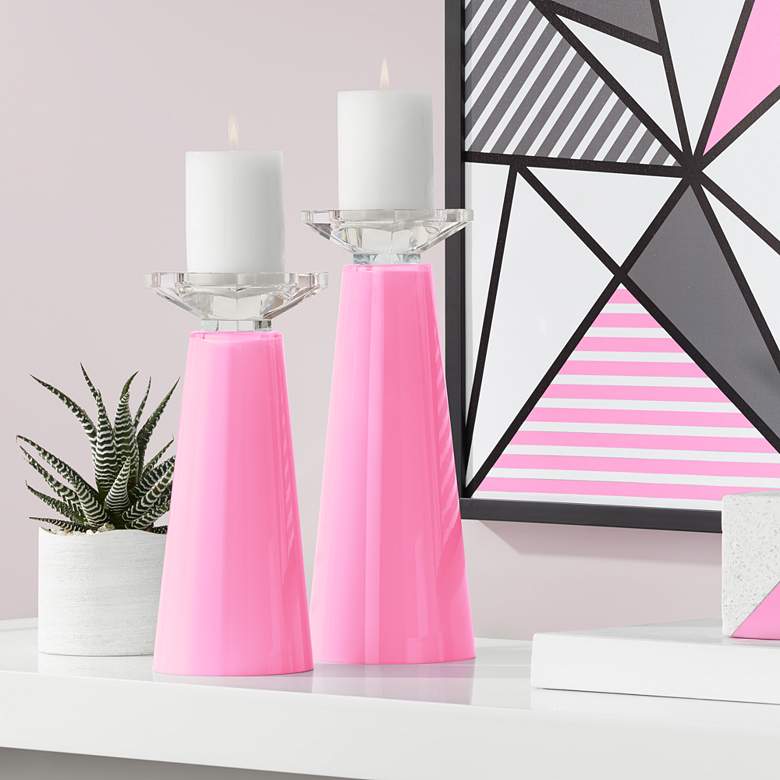 Image 1 Meghan Candy Pink Glass Pillar Candle Holder Set of 2