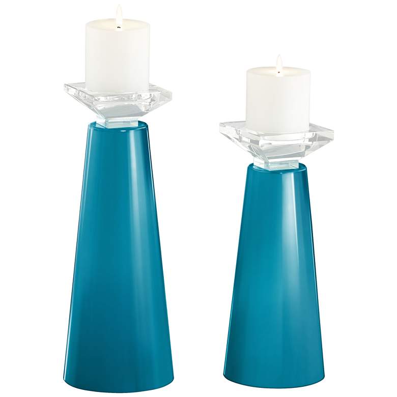 Image 2 Meghan Caribbean Sea Blue Glass Pillar Candle Holder Set of 2